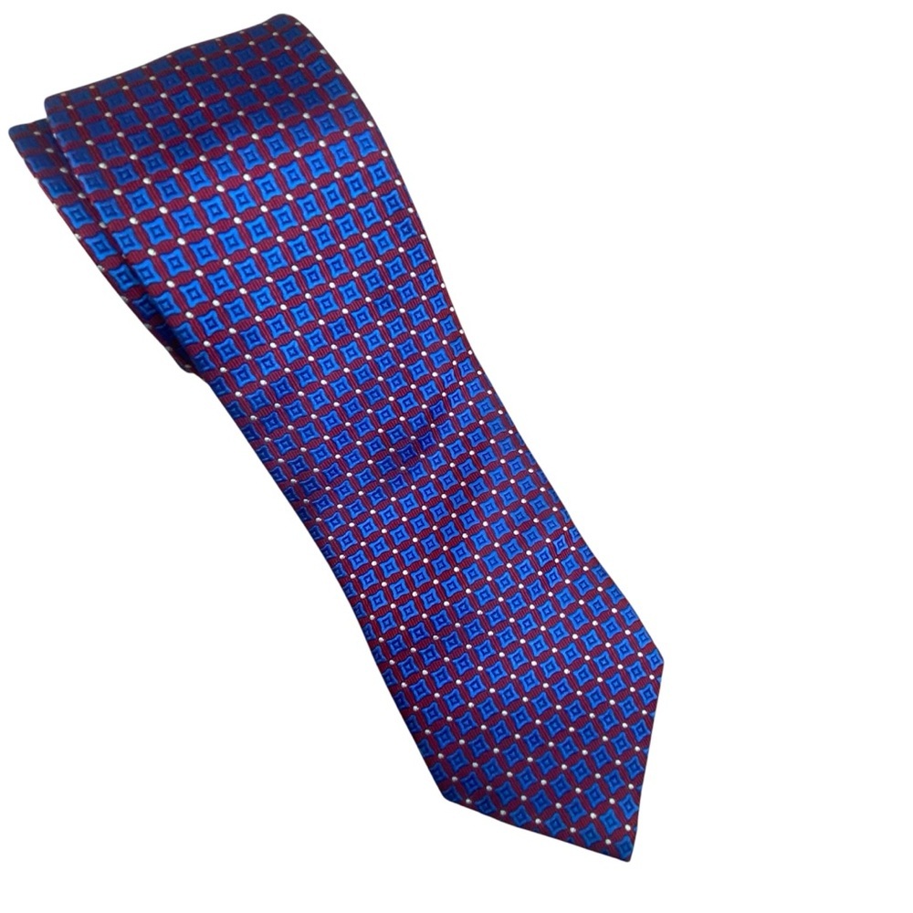 Eton Geometric Print Silk Tie in Burgundy & Blue